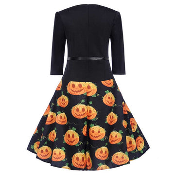 Halloween Disfraz Vestido de Manga Mediana Estampado de Calabaza Vestido para Adultos Femenino